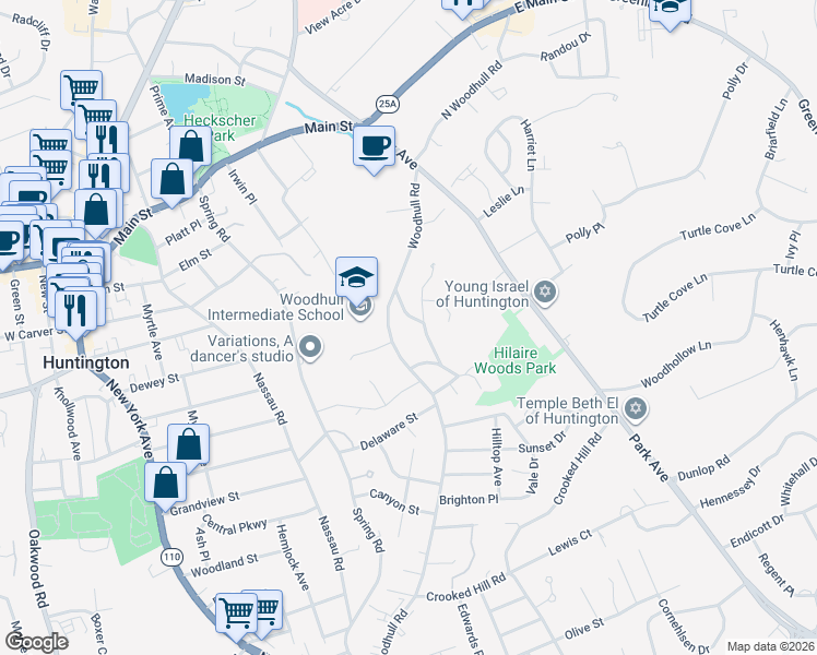 map of restaurants, bars, coffee shops, grocery stores, and more near 4 Chevy Chase Road in Huntington