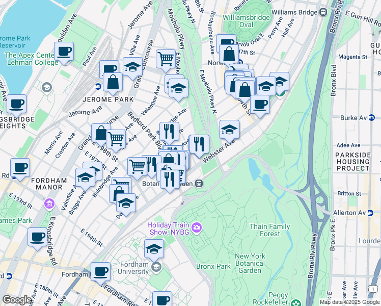 map of restaurants, bars, coffee shops, grocery stores, and more near 380 East 201st Street in Bronx