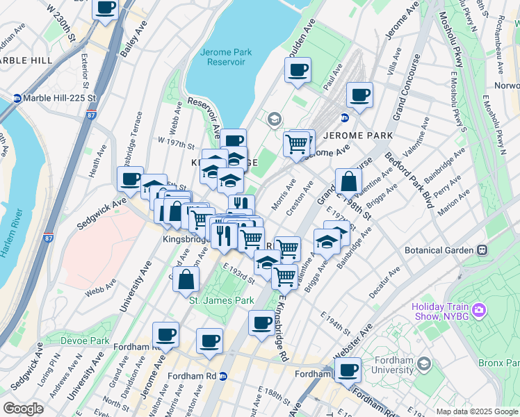 map of restaurants, bars, coffee shops, grocery stores, and more near in The Bronx