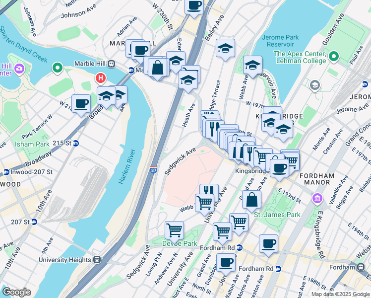 map of restaurants, bars, coffee shops, grocery stores, and more near 2625 Sedgwick Avenue in The Bronx