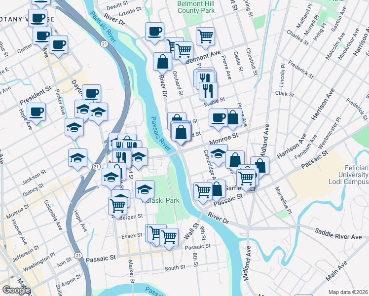 map of restaurants, bars, coffee shops, grocery stores, and more near 323 River Drive in Garfield