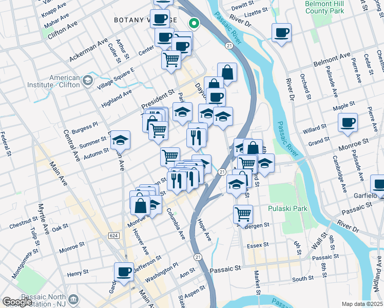 map of restaurants, bars, coffee shops, grocery stores, and more near 49 Parker Avenue in Passaic