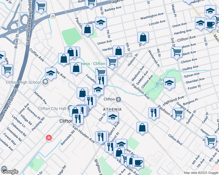 map of restaurants, bars, coffee shops, grocery stores, and more near 17 Fornelius Avenue in Clifton