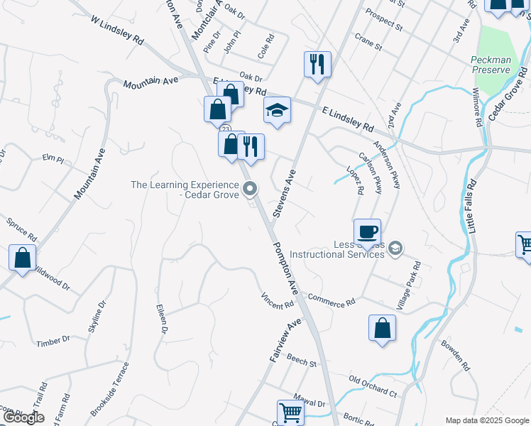 map of restaurants, bars, coffee shops, grocery stores, and more near 20 Stevens Avenue in Cedar Grove