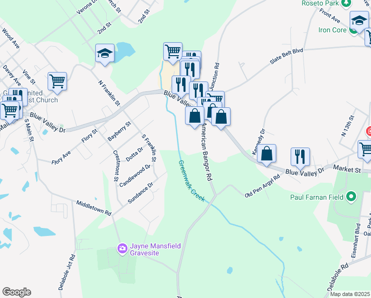 map of restaurants, bars, coffee shops, grocery stores, and more near 684 American Bangor Road in Pen Argyl