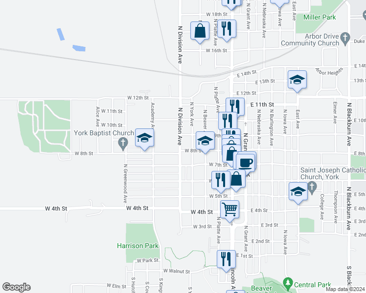 map of restaurants, bars, coffee shops, grocery stores, and more near 801 North Division Avenue in York
