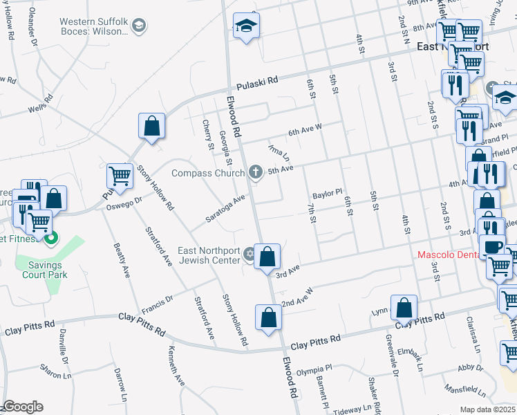 map of restaurants, bars, coffee shops, grocery stores, and more near 2 Rocco Drive in East Northport