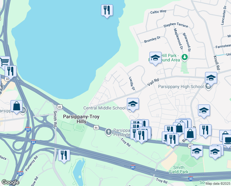 map of restaurants, bars, coffee shops, grocery stores, and more near Miriam Court in Parsippany-Troy Hills