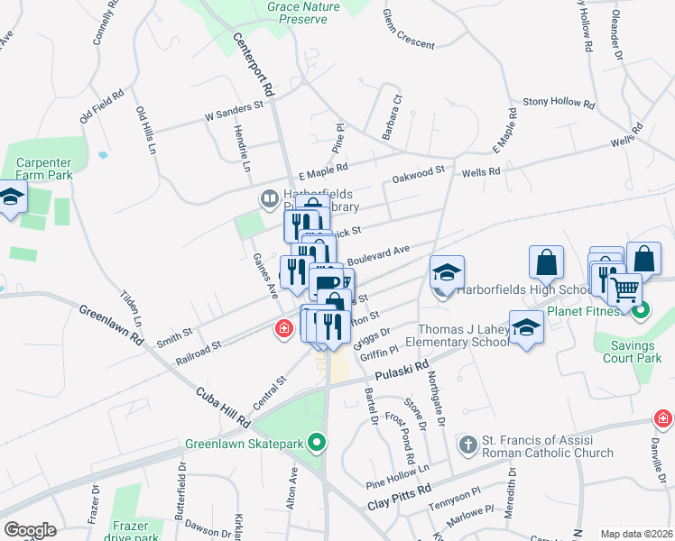 map of restaurants, bars, coffee shops, grocery stores, and more near in Greenlawn