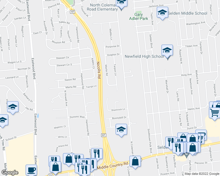 map of restaurants, bars, coffee shops, grocery stores, and more near 28 Tarpon Lane in Centereach