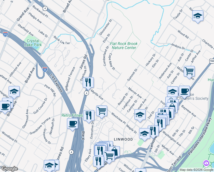 map of restaurants, bars, coffee shops, grocery stores, and more near 19 Oak Trail Road in Englewood