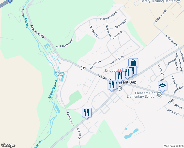 map of restaurants, bars, coffee shops, grocery stores, and more near 225-461 North Main Street in Pleasant Gap