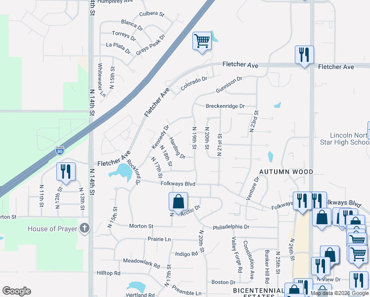 map of restaurants, bars, coffee shops, grocery stores, and more near 5620 Harding Drive in Lincoln