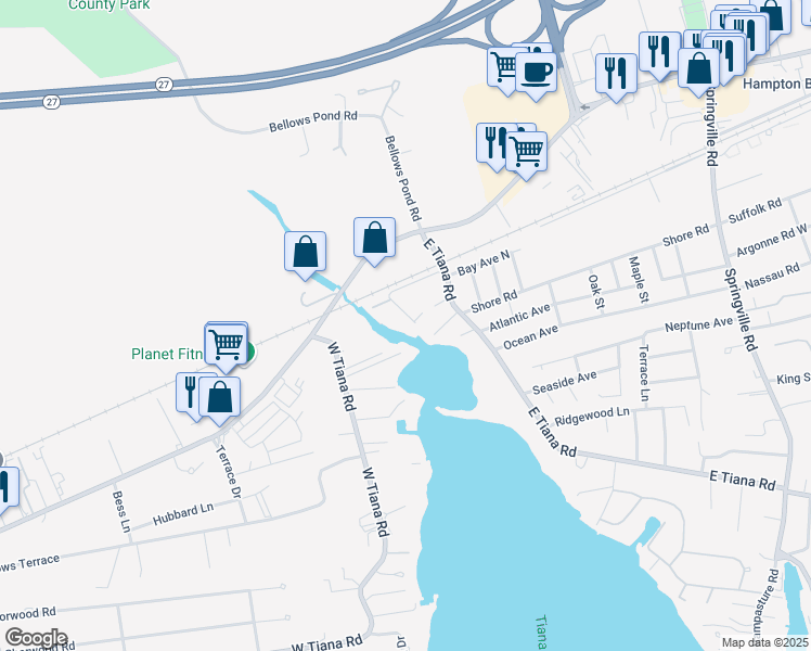 map of restaurants, bars, coffee shops, grocery stores, and more near 10 Hyler Drive in Hampton Bays