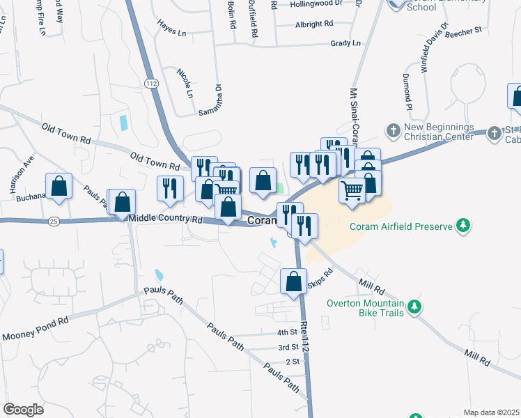 map of restaurants, bars, coffee shops, grocery stores, and more near 2257 New York 112 in Coram