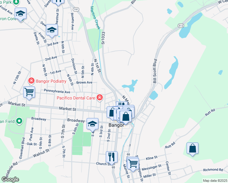 map of restaurants, bars, coffee shops, grocery stores, and more near 2 Pennsylvania Avenue in Bangor