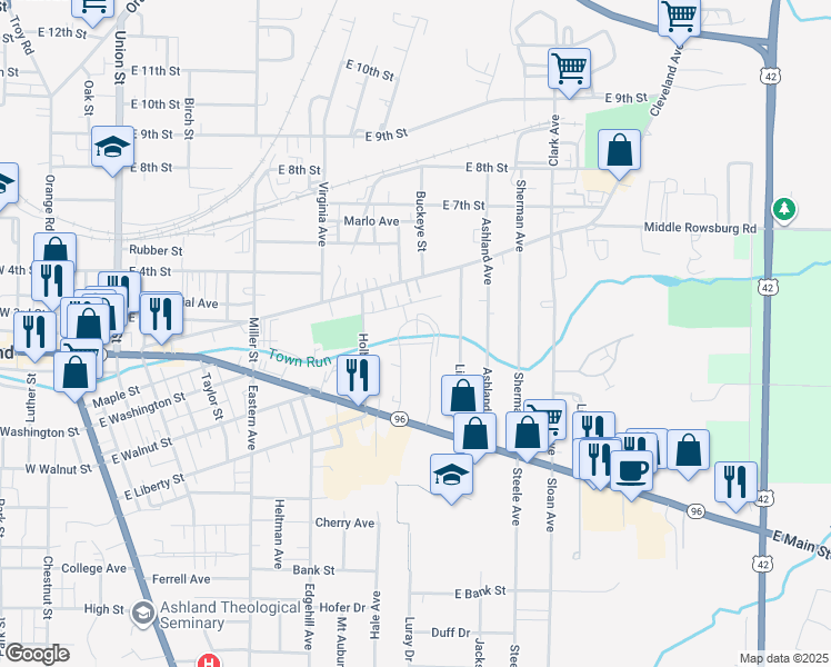 map of restaurants, bars, coffee shops, grocery stores, and more near 183 Mathews Avenue in Ashland