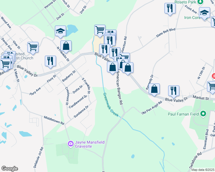 map of restaurants, bars, coffee shops, grocery stores, and more near 684 American Bangor Road in Pen Argyl