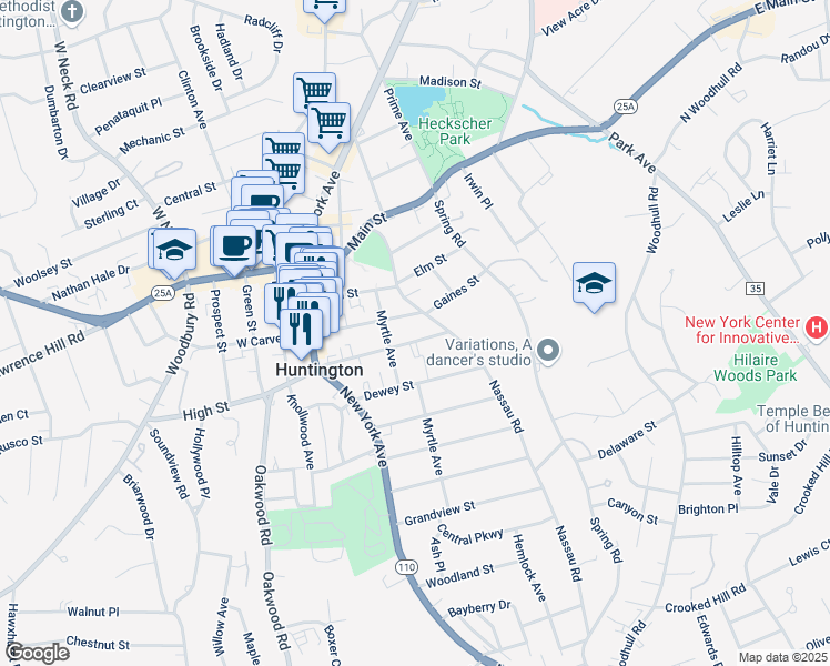 map of restaurants, bars, coffee shops, grocery stores, and more near 53A Fairview Street in Huntington