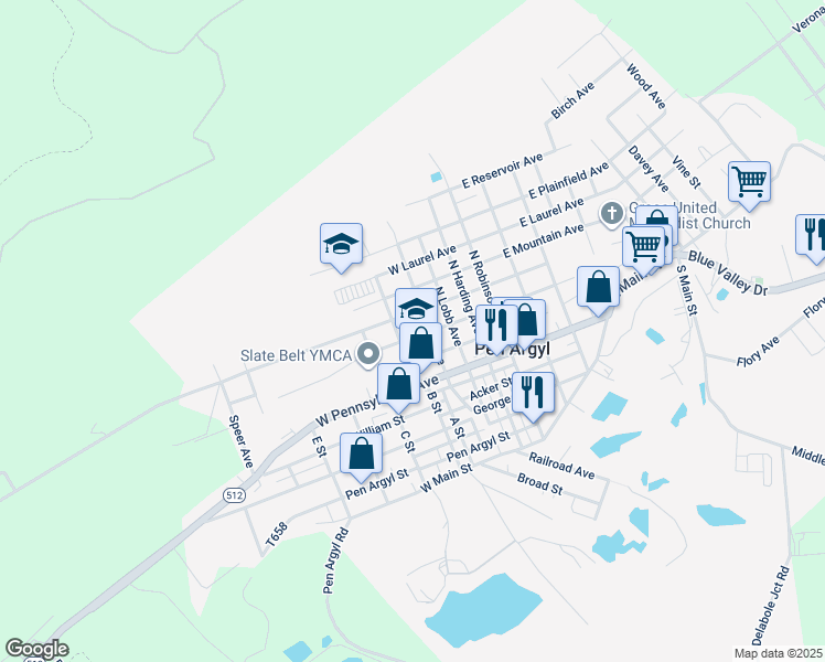 map of restaurants, bars, coffee shops, grocery stores, and more near 313 West Babbitt Avenue in Pen Argyl