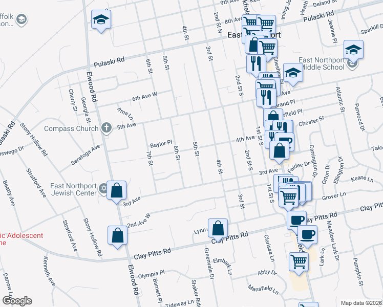 map of restaurants, bars, coffee shops, grocery stores, and more near 326 6th Street in East Northport