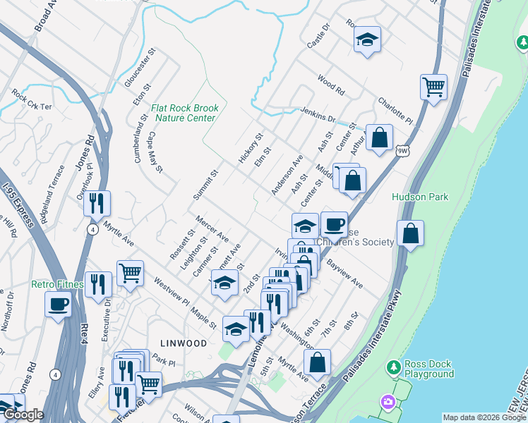 map of restaurants, bars, coffee shops, grocery stores, and more near 55 West Bayview Avenue in Englewood Cliffs