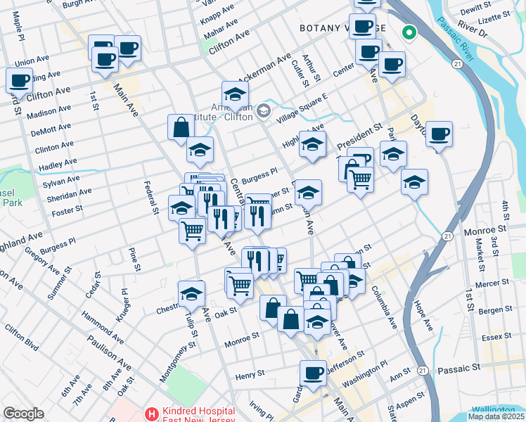 map of restaurants, bars, coffee shops, grocery stores, and more near 153 Autumn Street in Passaic