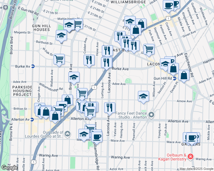 map of restaurants, bars, coffee shops, grocery stores, and more near 2954 Laconia Avenue in Bronx