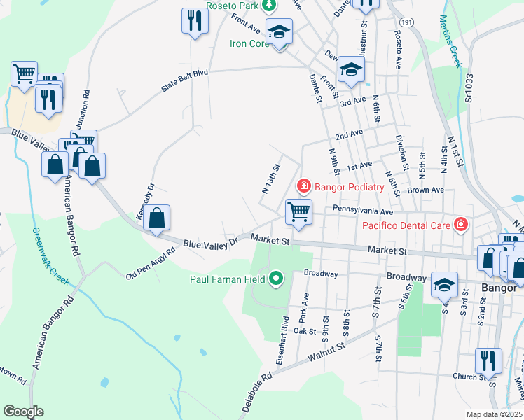 map of restaurants, bars, coffee shops, grocery stores, and more near 1122 Roosevelt Street in Bangor