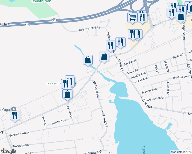 map of restaurants, bars, coffee shops, grocery stores, and more near 209 West Montauk Highway in Hampton Bays