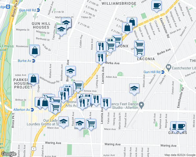 map of restaurants, bars, coffee shops, grocery stores, and more near 1076 Adee Avenue in Bronx