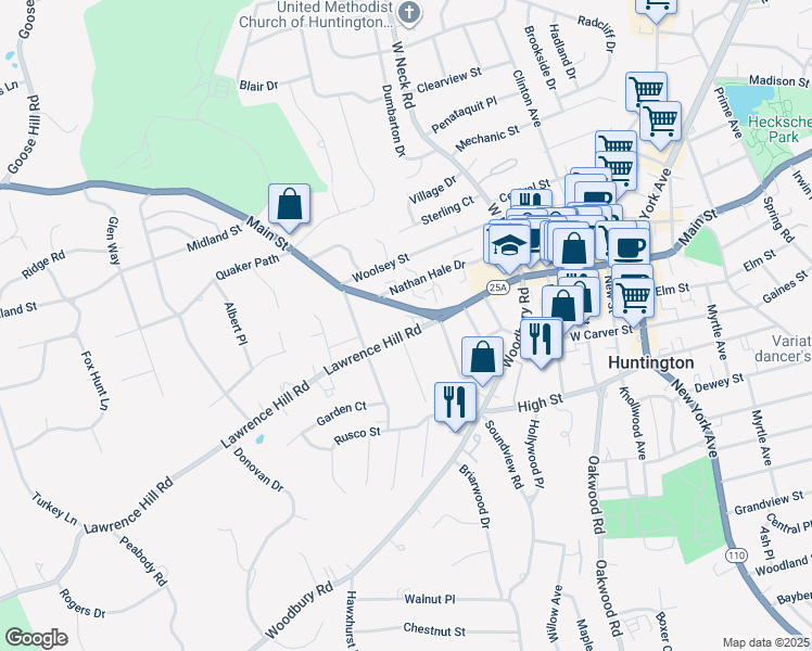 map of restaurants, bars, coffee shops, grocery stores, and more near 19 Lawrence Hill Road in Huntington