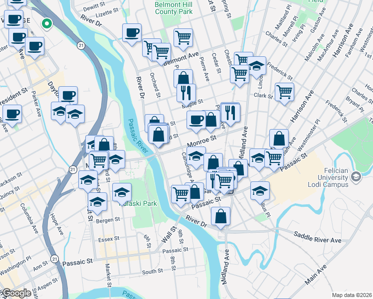 map of restaurants, bars, coffee shops, grocery stores, and more near 15 Commerce Street in Garfield
