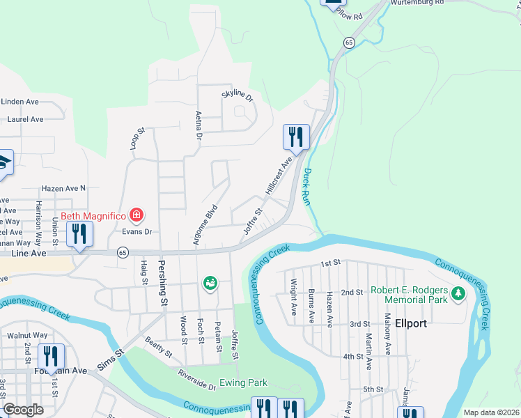 map of restaurants, bars, coffee shops, grocery stores, and more near 926 Joffre Street in Ellwood City