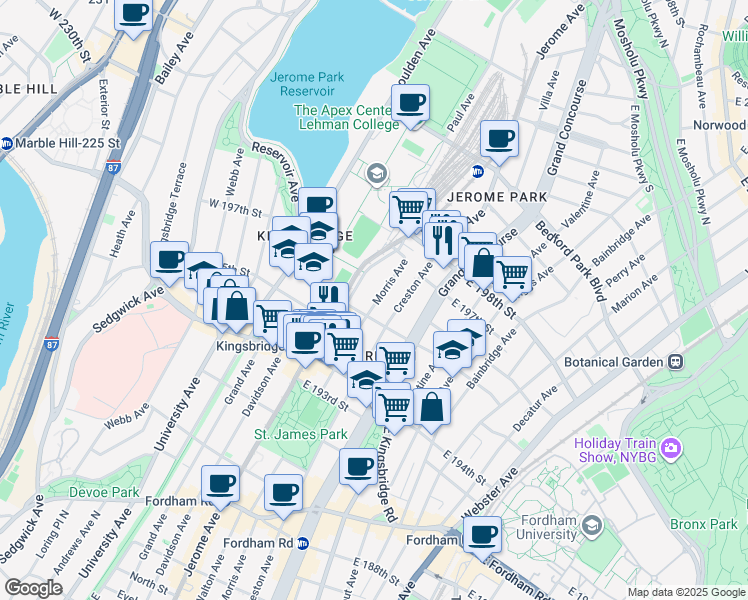 map of restaurants, bars, coffee shops, grocery stores, and more near 2758 Morris Avenue in Bronx