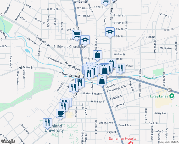map of restaurants, bars, coffee shops, grocery stores, and more near West 2nd Street in Ashland