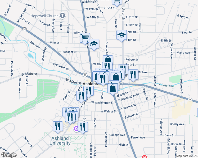 map of restaurants, bars, coffee shops, grocery stores, and more near West 2nd Street in Ashland