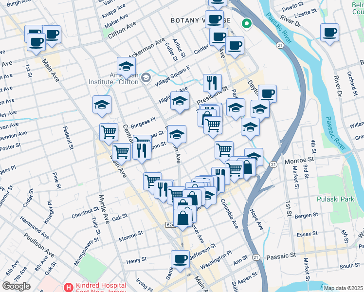 map of restaurants, bars, coffee shops, grocery stores, and more near 156 Lexington Avenue in Passaic