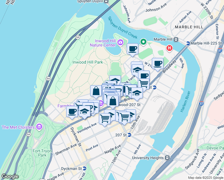 map of restaurants, bars, coffee shops, grocery stores, and more near 165 Seaman Avenue in New York