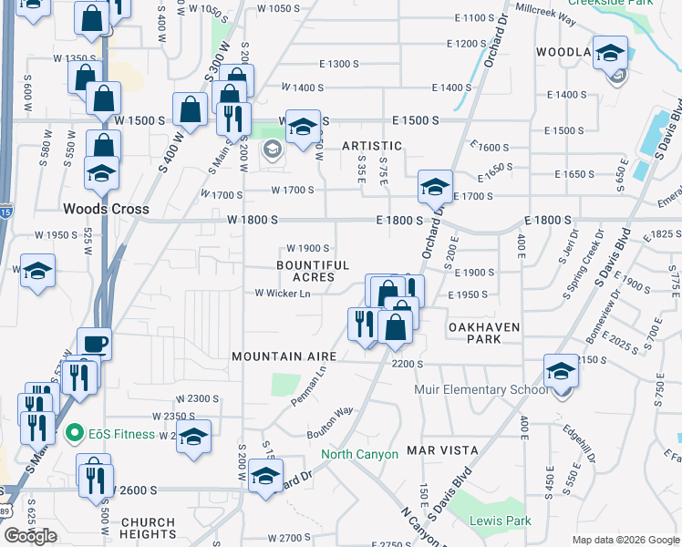 map of restaurants, bars, coffee shops, grocery stores, and more near 1955 South 50 West in Bountiful