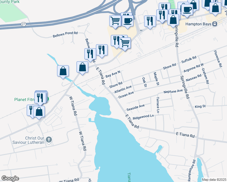 map of restaurants, bars, coffee shops, grocery stores, and more near 61 Atlantic Avenue in Hampton Bays