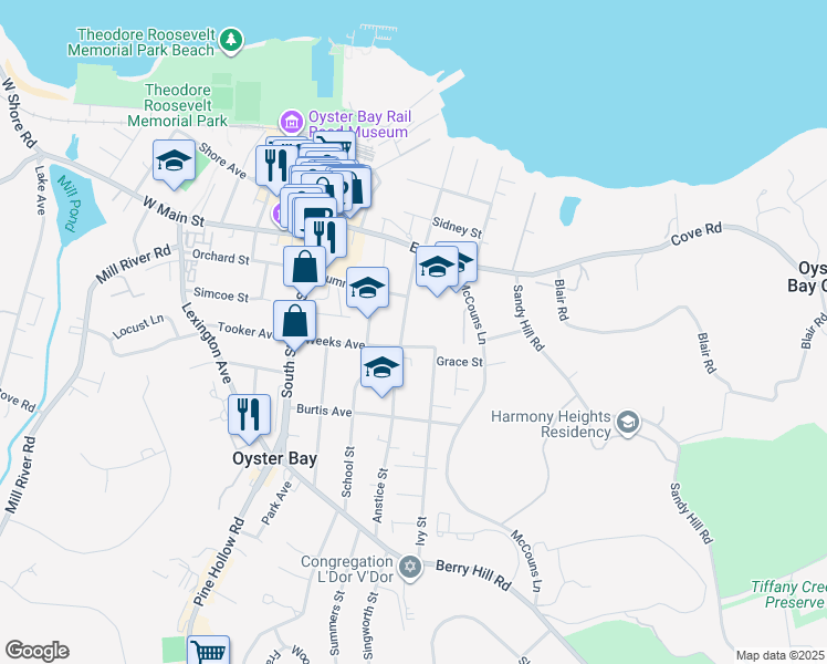 map of restaurants, bars, coffee shops, grocery stores, and more near 85 Anstice Street in Oyster Bay
