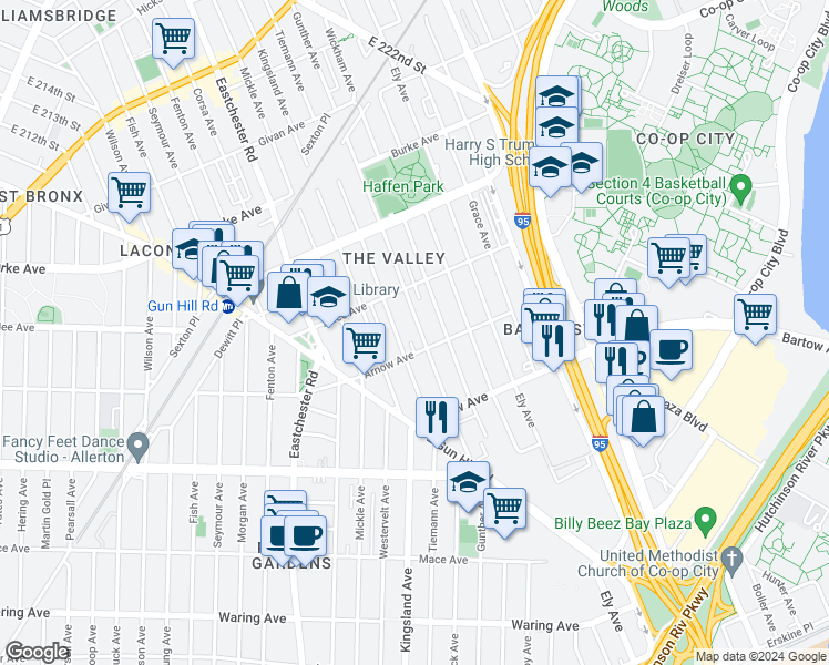 map of restaurants, bars, coffee shops, grocery stores, and more near 2908 Tiemann Avenue in Bronx