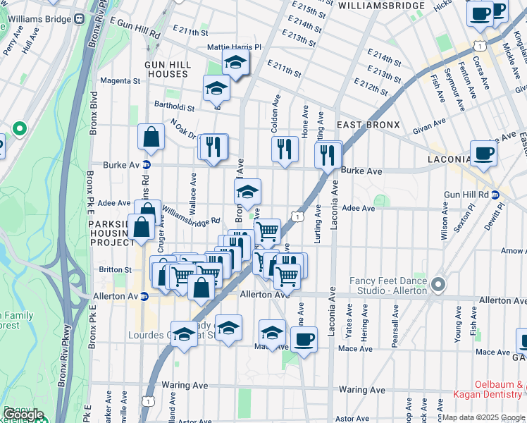 map of restaurants, bars, coffee shops, grocery stores, and more near 2948 Radcliff Avenue in Bronx