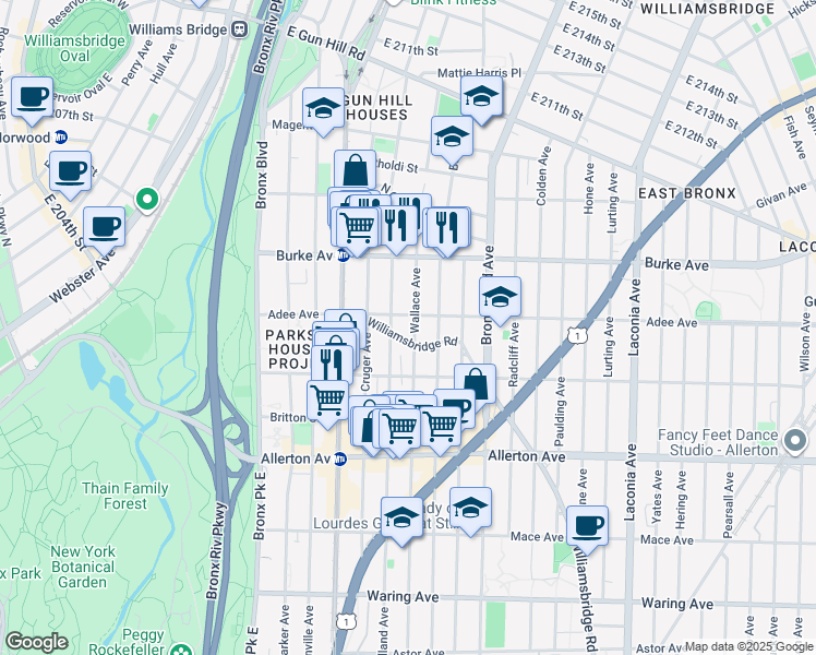 map of restaurants, bars, coffee shops, grocery stores, and more near 3020 Williamsbridge Road in The Bronx