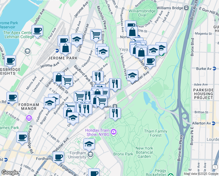 map of restaurants, bars, coffee shops, grocery stores, and more near 383 East 201st Street in The Bronx