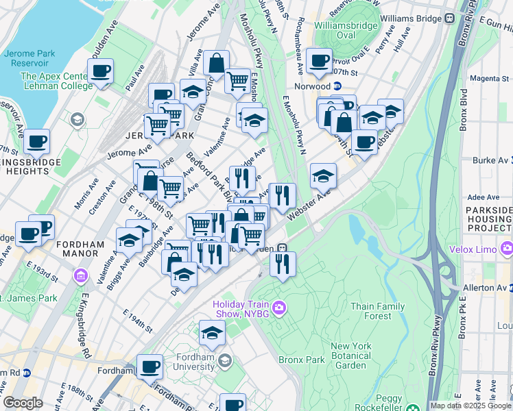 map of restaurants, bars, coffee shops, grocery stores, and more near 2960 Marion Avenue in Bronx
