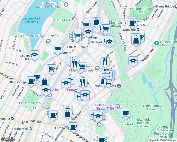 map of restaurants, bars, coffee shops, grocery stores, and more near 2869 Mount Saint Ursula Place in Bronx