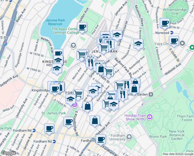 map of restaurants, bars, coffee shops, grocery stores, and more near 2834 Valentine Avenue in Bronx