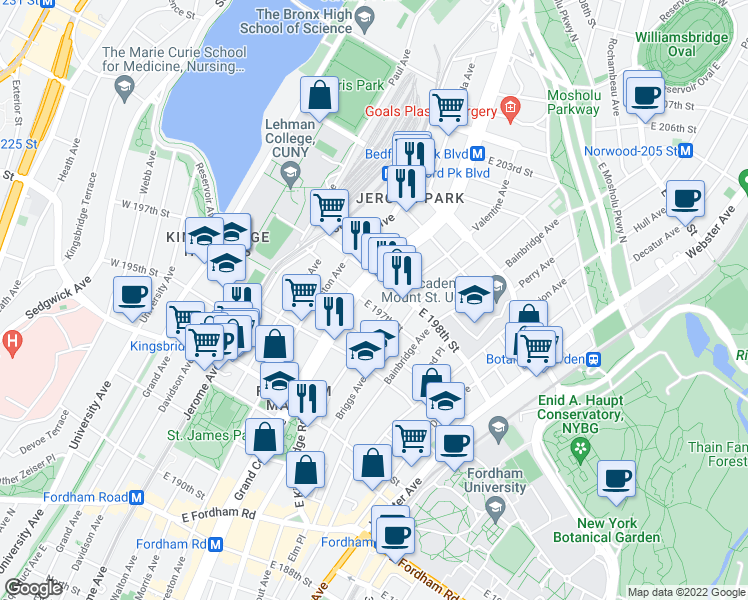 map of restaurants, bars, coffee shops, grocery stores, and more near 2800 Grand Concourse in Bronx